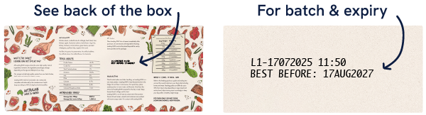Graphic showing where to find the batch details, time stamp and best before date on the back side of Leading Raw packaging.