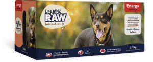 Box of Leading Raw frozen dog food - Energy recipe - featuring a happy active breed Kelpie